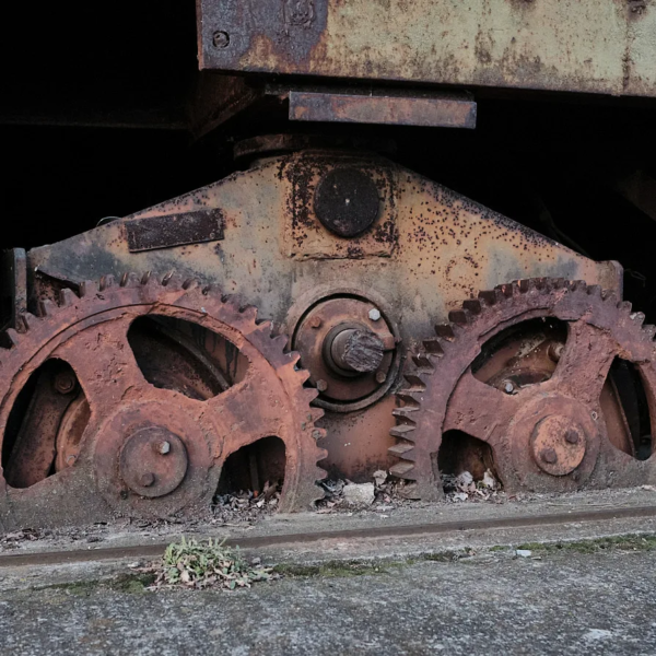 Steel wheels of decrepit hangar door at Werneuchen airfield